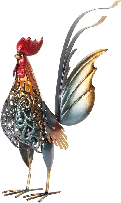 Decorative Iron Rooster Sculpture, Carved Metal Rooster Statue for Garden, Deck, Home, & Friendly, Hollow Design & Detachable Tail, Versatile Indoor Outdoor Decoration,