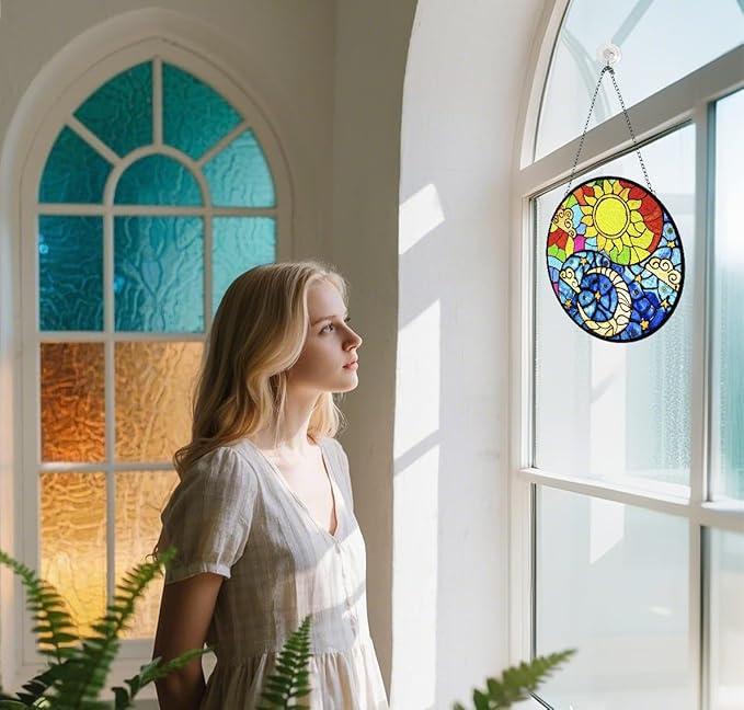 Suncatcher Indoor/Outdoor Stained Glass Window Hanging - Sun and Moon Handmade Stained Glass Suncatchers Hanging with Hook and Chain - Decoration for Home Garden Christmas Wedding Housewarming Gifts