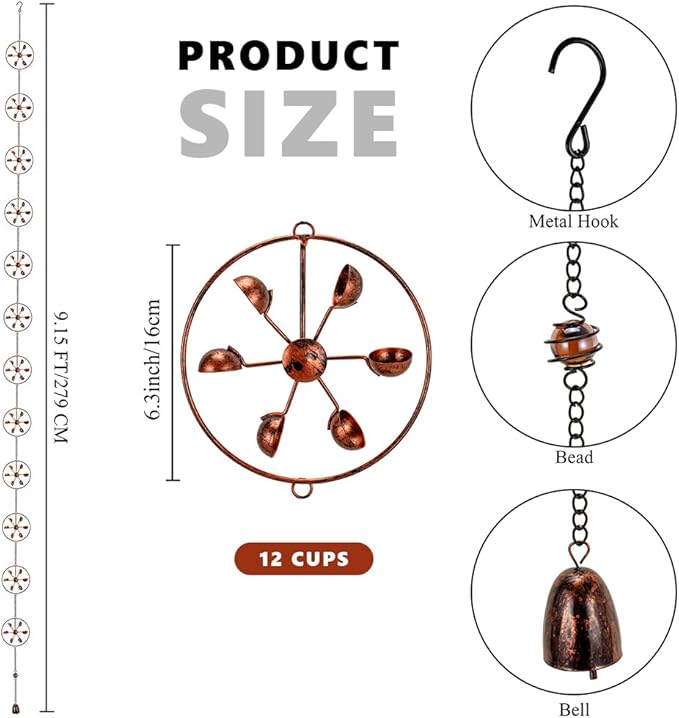 dreamysoul Rain Chains with Spinner Cups, Copper Creative Rain Catcher Chains for Gutters Downspout, Unique Rain Chain for Outside Garden Decor