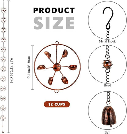 dreamysoul Rain Chains with Spinner Cups, Copper Creative Rain Catcher Chains for Gutters Downspout, Unique Rain Chain for Outside Garden Decor