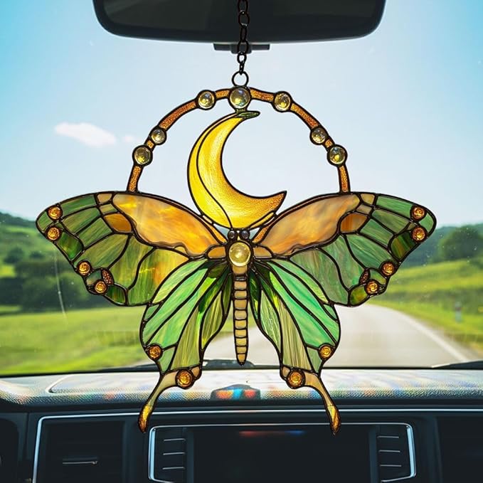 Cresent Luna Moth Acrylic Suncatcher Stained Glass Effect Window Car Hanging Christmas Ornament Indoor Outdoor Decor Garden Sun Catcher Panel for Butterfly Lover for Women Mom Grandma