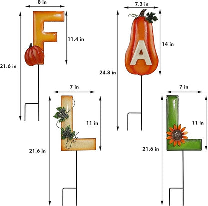 Juegoal 4 Pcs Fall Decorative Garden Stakes, 24.8 Inch Letter Fall Metal Yard Sign with Pumpkins, Outdoor Art Stake for Thanksgiving Decorations Fall Autumn Harvest Patio Lawn Walkway, Style B