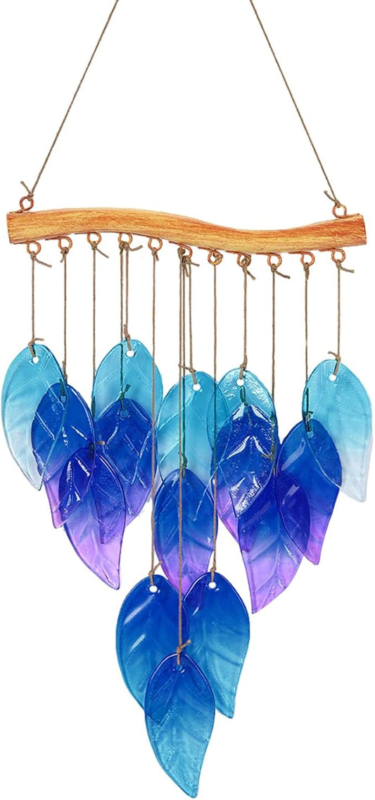 Wind Chimes Blue Glass Leaves, Garden Wind Chime for Home, Party, Festival Decor, Glass Garden Patio Yard Porch Decoration Indoor/Outside, Lifelike Leaf Style