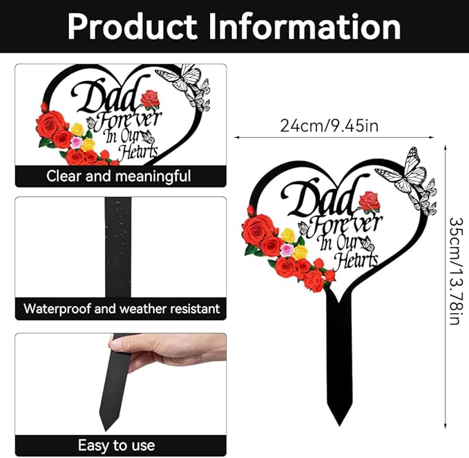 Memorial Grave Stake, Dad Forever in Our Hearts Grave Marker, Heart Grave Decorations for Cemetery, Metal Cemetery Decorations for Grave, Yard, Garden, Remembrance Grave Plaque for Dad