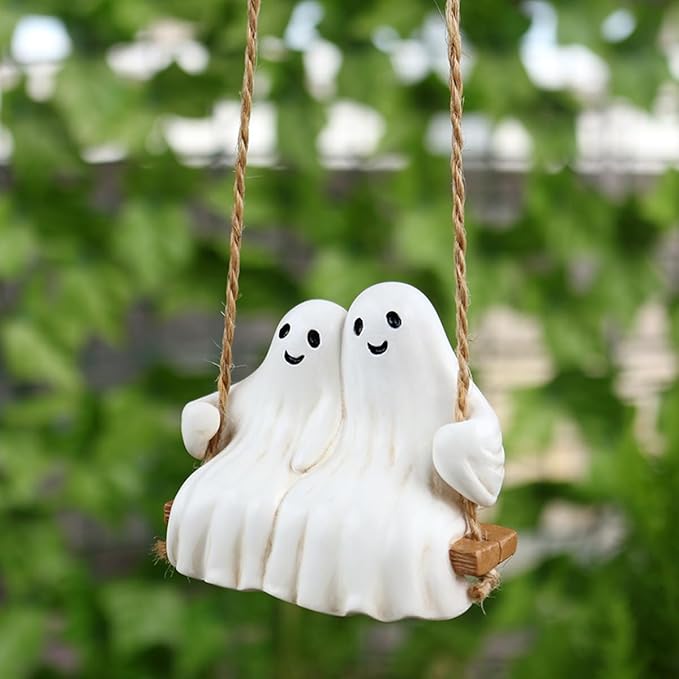 Swing Ghost Couple Garden Statue Outdoor Halloween Decor, 3.1 Inch Cute Ghost Figurine Resin Sculpture Funny Tree Hanging Ornaments for Patio Lawn Yard