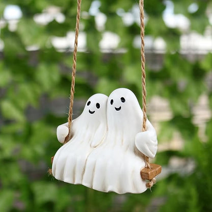 Swing Ghost Couple Garden Statue Outdoor Halloween Decor, 3.1 Inch Cute Ghost Figurine Resin Sculpture Funny Tree Hanging Ornaments for Patio Lawn Yard