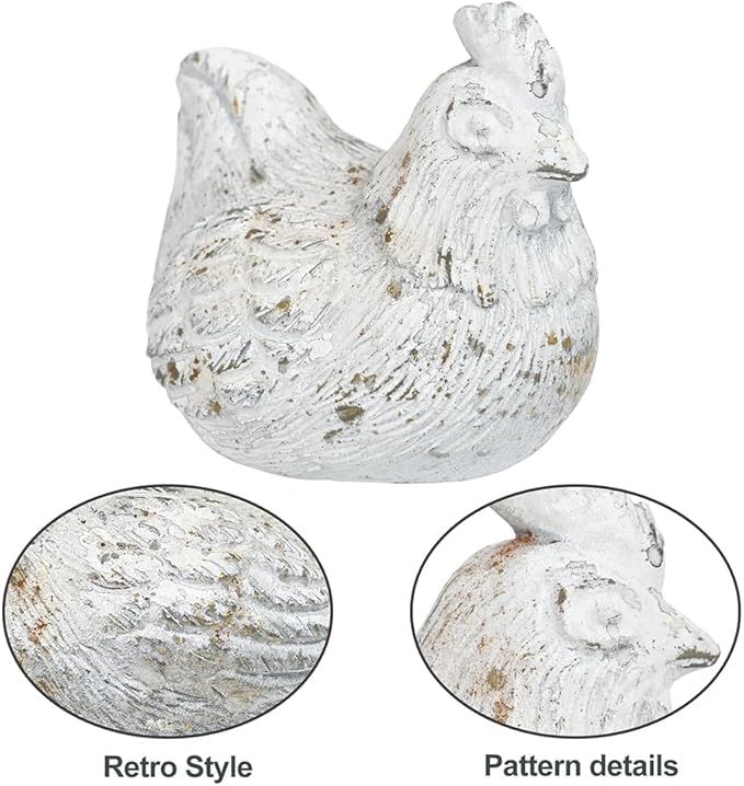 Chicken Figurine Chicken Kitchen Decor Cement Hen Figurine Rustic Hen Garden Statues Figurines Artwork for Outdoor, Backyard, Patio and Home Kitchen Decoration(White)