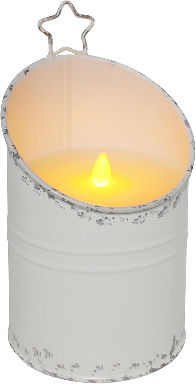 CVHOMEDECO. Vintage Galvanized Can Flameless LED Candle, Real Wax in Antique Galvanized Jar Flickering Candle with Remote Control for Tabletop Wall Decor. H 8 Inch, Cream