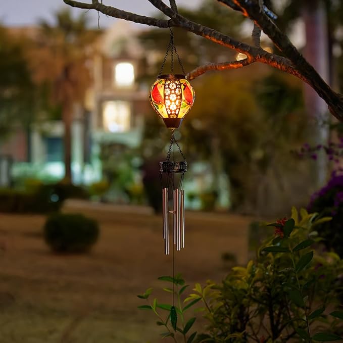 Starsoul Solar Wind Chimes for Outside, Cardinal Hot Air Balloon with Flickering Flame Solar Wind Chime, Glass Windchimes Outdoors Garden Decor, Gift for Mother's Day Mom Grandma