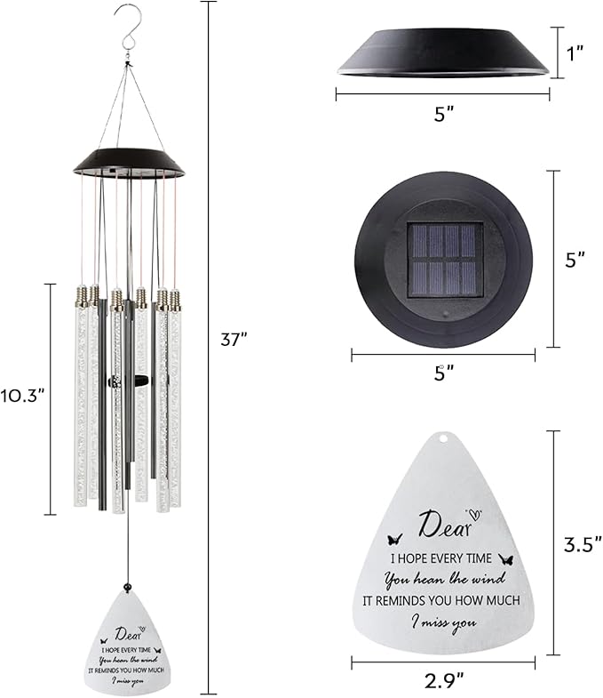 Solar Wind Chimes for Outside, 6 LED Color Changing Tubes - Unique Outdoor Garden Decor, Colorful Patio Ambient Light, for Her/Him, White Elephant Gifts for Adults
