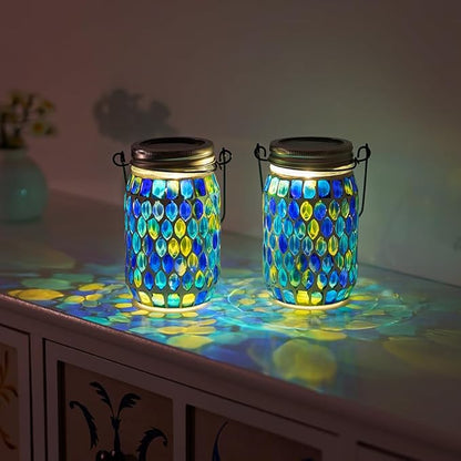 Starsoul 2 Pack Solar Lanterns Outdoor Waterproof, Decorative Teal Mosaic Glass Outdoor Lantern, Hanging Solar Garden Lights for Outside Pathway Patio Porch Yard Table, Gifts for Women Mom Grandma