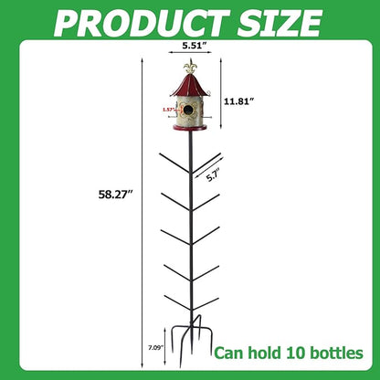 Bird House Bottle Tree for Outdoor Garden, Rust-Proof Metal Bottle Tree Stand, Garden Decorative Bottle Stand