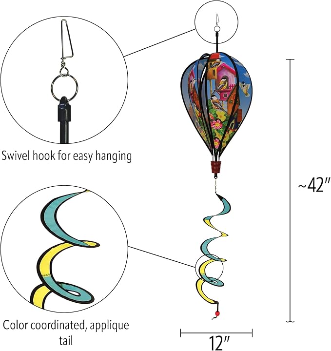 In the Breeze Chickadee Birdhouse 6-Panel Kinetic Hot Air Balloon Wind Spinner,12" W x 42" H x 12" D,1053