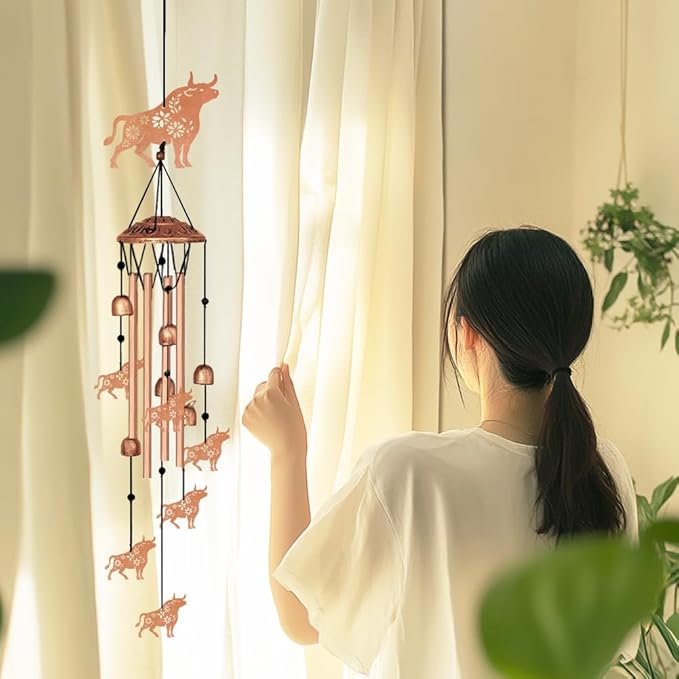 Cattle Pattern Wind Chimes for Farm Outside, Windchimes Suitable for Outdoor Garden Patio Porch and Home Decor, Unique 33“ Metal Memorial Wind Chimes for Spring Summer Farm Gifts