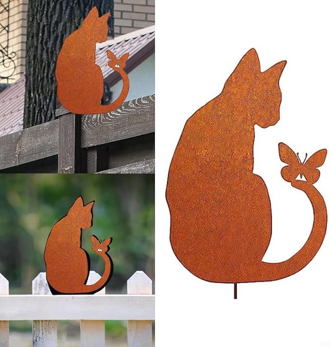 Sitting Cat Garden Statue Rustic Iron Outdoor Ornament for Yard or Patio Decoration(Sitting cat)