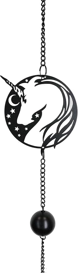 Ebros Gift Sacred Unicorn Horse with Moon and Stars Silhouette in Filigree Frame Black Coated Steel Metal Wall Hanging Wind Chime with Beads Home and Patio Decor Mobile Noisemaker