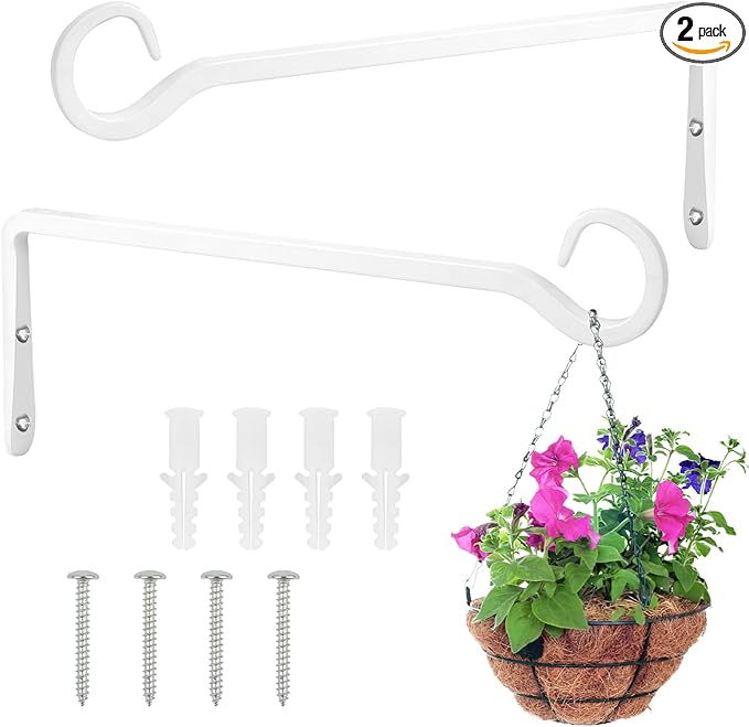 2 Pack Plant Hanger Bracket, 10 Inch Plant Hangers Outdoor, Metal Decorative Plant Wall Hooks for Hanging Plants, Bird Feeder, Flower Basket, Wind Chimes, Lantern, Indoor Outdoor (White)