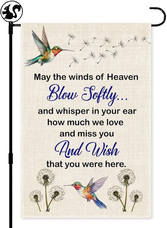 May The Winds Of Heaven Blow Solftly Garden Flag, Double Sided Farmhouse Outdoor Decor Yard Flag Gifts, Hummingbird Dandelion Memorial Garden Décor Gifts, Remembrance Sympathy House Flags