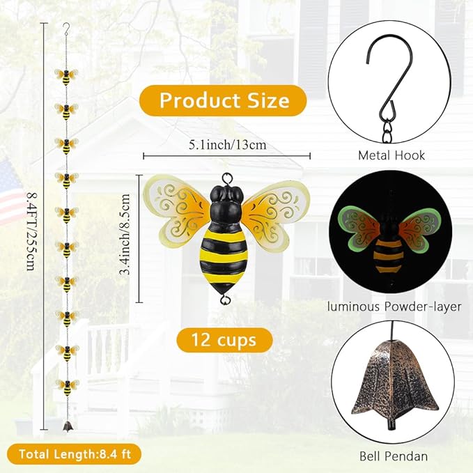 8.4 FT Rain Chains for Outside, Decorative Glow Bee Rain Chain with 12 Cups, Metal Adjustable Rain Catcher Chain, Replacement Downspout for Gutters