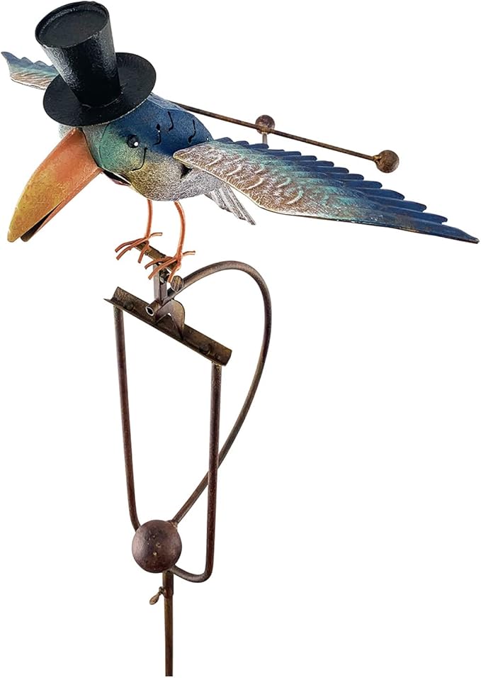 Red Carpet Studios Garden Stake Yard Art Metal and Glass Balance Rocker with Stake, 20-Inches, Flying Bluebird in Hat