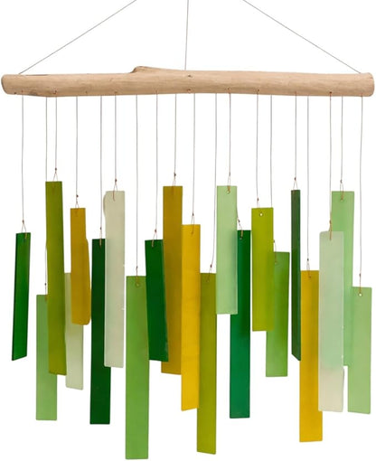 Glass Wind Chime, Large 20″ – Green Harmony Recycled Glass & Driftwood Hanging Chime for Porch, Patio & Home