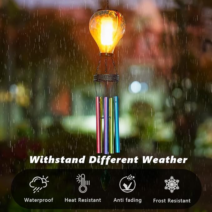Starsoul Solar Wind Chimes for Outside, Sea Blue Hot Air Balloon Wind Chime with Flickering Flame, Outdoor Glass Windchimes Garden Decor, Gift for Mother's Day