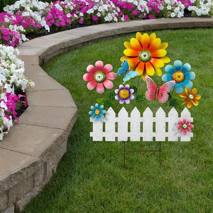 Colorful Flower Garden Stake with Butterflies & White Fence, Outdoor Yard Art Decor, Metal Floral Lawn Stakes for Garden, Patio, Flower Bed, Spring & Summer Outdoor Decoration