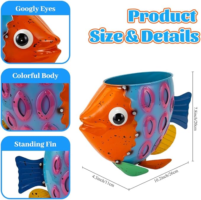 Oak & Lore Colorful Metal Fish Garden Statues, Cute Animal Garden Sculptures & Statues with Planters for Home Patio Porch Yard Decor