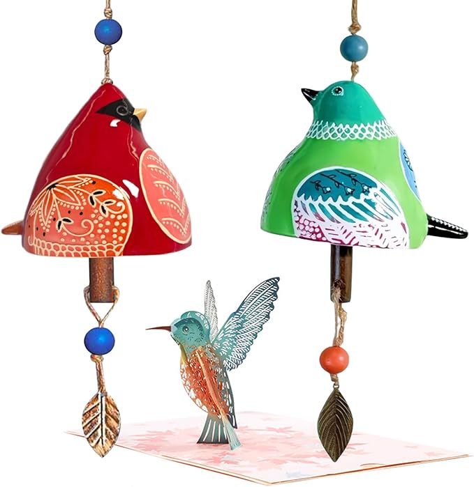 Ceramic Wind Chime Gift Set with 3D Pop Up Card - Handmade Memorial Healing Chimes for Outdoor/Indoor | Soothing Patio Decor | Unique Sympathy Gifts for Mom & Bird Lovers (Red+Green)