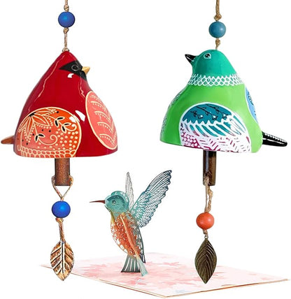 Ceramic Wind Chime Gift Set with 3D Pop Up Card - Handmade Memorial Healing Chimes for Outdoor/Indoor | Soothing Patio Decor | Unique Sympathy Gifts for Mom & Bird Lovers (Red+Green)