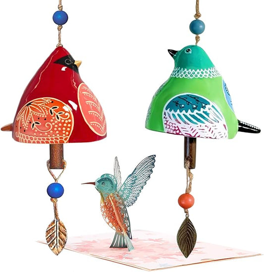 Ceramic Wind Chime Gift Set with 3D Pop Up Card - Handmade Memorial Healing Chimes for Outdoor/Indoor | Soothing Patio Decor | Unique Sympathy Gifts for Mom & Bird Lovers (Red+Green)