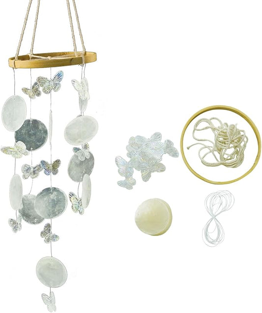 Wind Chimes for Home Decor-DIY Wind Chime with Round Capiz Shells Bamboo Hoops Twine String Fishing Line,Gifts for Women Mom(White)