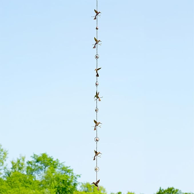 Ancient Graffiti Hummingbirds& Bells Rain Chain, Flamed Copper Colored