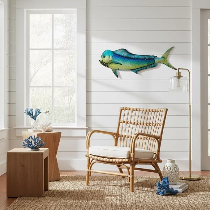 LIFFY Metal Mahi Wall Art Indoor Outdoor Metal Fish Wall Decor Fish Wall Hanging Decorative Ornaments Glass Nautical Theme Home Wall Decorations for Office,Pool,Bathroom - 36 Inches Long