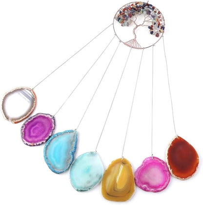 Yoption Tree of Life Agate Slices Memorial Wind Chime, 7 Chakra Natural Crystal Windchimes for Home Garden Decoration Ornament, 15.7-17.7 inch