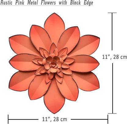 Pink Metal Flower Wall Art Decor, 11“ Rustic Modern Floral Sculpture, Distressed Hanging Home Decoration Accent Artworks for Indoor Bedroom Living Room Office Outdoor Garden Patio