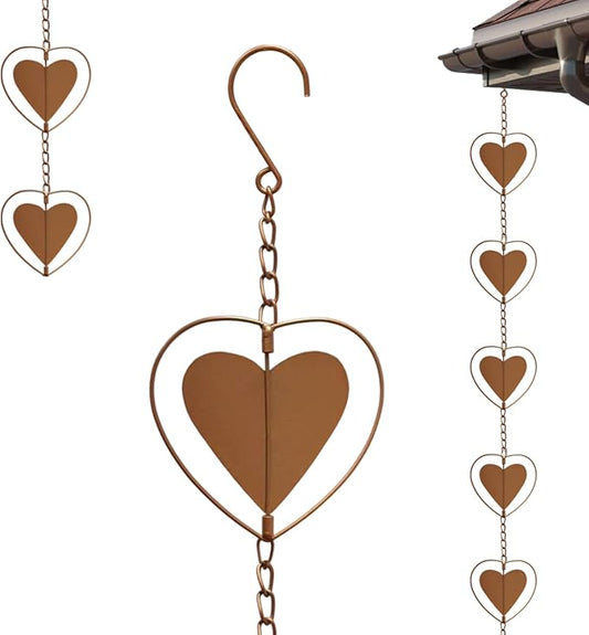 Metal Love Rain Chain for Gutters, Rust Resistant Outdoor Rain Catcher, Perfect for Heavy Rain, Indoor/Outdoor Decoration, Dark Bronze Finish