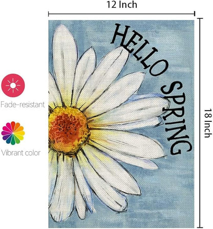 CROWNED BEAUTY Spring Garden Flag Floral Daisy Double Sided 12x18 Inches Small Burlap Welcome Holiday Seasonal Yard Decoration for Outside Porch Blue CF814-12