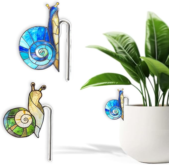 JOONOR 2 Pieces Stained Acrylic Snail Flower Pot Hugger Cute Animal Snail Statue for Planter Hanger Decorations Outdoor Fairy Garden Planter Edge Accessories,Style D