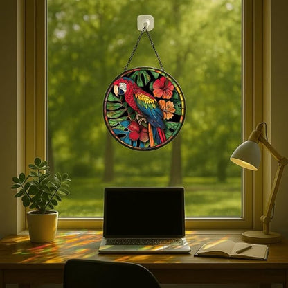 Stained Glass Window Hanging - Tropical Parrot with Hibiscus Flowers Sun Catchers Indoor Stained Glass Panels Wall Decor for Mom,Wife,Lovers,Festive