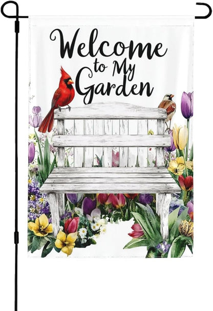 Bench with Flowers Garden Flags 12×18 Inch Welcome to My Garden Double Sided Decorative Yard Banner Seasonal Flag for Outdoor Outside Decor