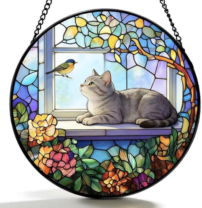 Stained Glass Cat Window Suncatcher, Cat on Windowsill Sun Catcher, Colorful Pet Lover Window Decor Gift