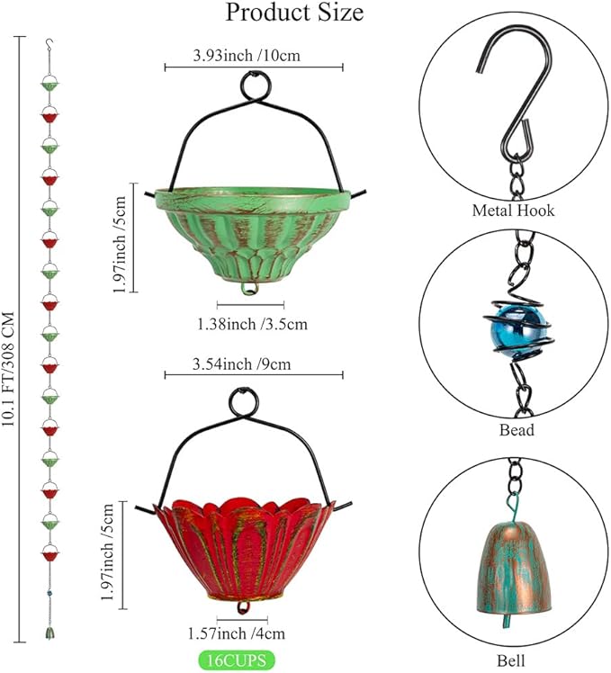 dreamysoul Rain Chains for Outside, 10 FT Decorative Rain Catcher Chains with 16 Cups, Adjustable Rain Chain for Gutters, Downspout, Eaves, Drainage