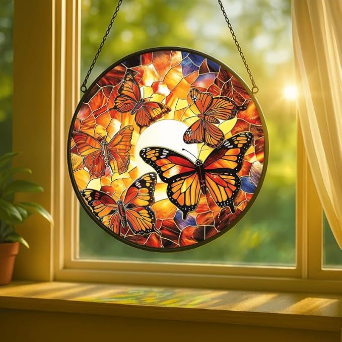 Stained Glass Window Hanging - Dragonfly in Garden 7.8in Sun Catchers Indoor Stained Glass Panels Wall Decor for Mom, Wife, Lovers, Festive