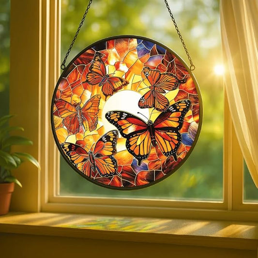Stained Glass Window Hanging - Dragonfly in Garden 7.8in Sun Catchers Indoor Stained Glass Panels Wall Decor for Mom, Wife, Lovers, Festive