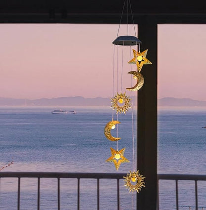 2 Pack Solar Wind Chimes for Outside Lights Sun Moon Star Outdoor Hanging Decor Warm Lights Prefert Gifts for Mom Wife Outdoor Windchimes for Garden Yard Patio Christmas Birthday Mothers Day