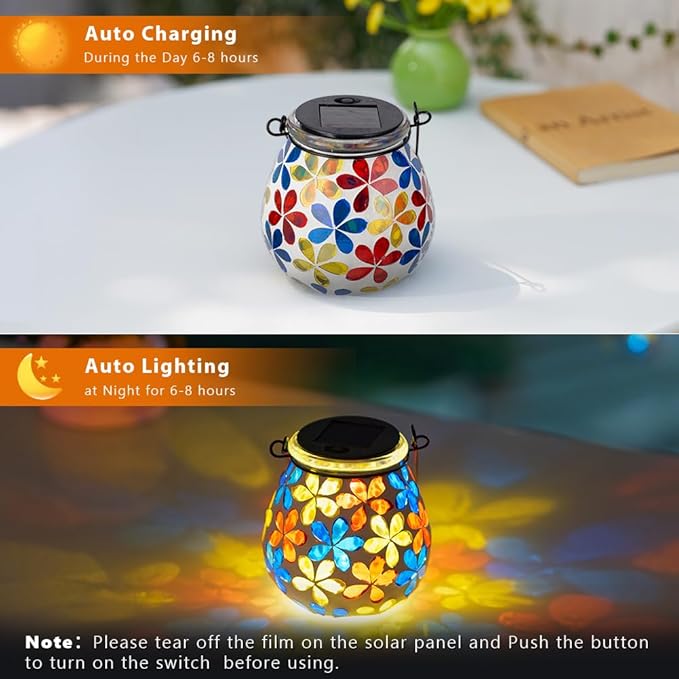 Stargarden Mosaic Solar Lanterns, Glass Hanging Lantern Waterproof Outdoor Haning Lights Flower Decorative Table Lamp for Garden ,Patio,Yard Decor