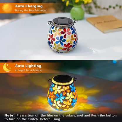 Stargarden Mosaic Solar Lanterns, Glass Hanging Lantern Waterproof Outdoor Haning Lights Flower Decorative Table Lamp for Garden ,Patio,Yard Decor