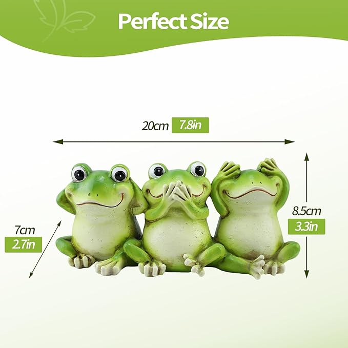 3 Frog Figurines - 7.9 Inch Funny Resin Frogs, Hear No Evil See No Evil Speak No Evil Statue, Whimsical Indoor/Outdoor Decor for Garden, Desk & Yard