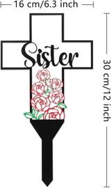 BUoonyer Sister Memorial Graves Markers Cemetery Decorations, Metal Cross Stakes Grave Stones Cemetery Headstones Decor, Girls Graveyard Remembrance Graveside Sign for Garden Outdoor Outside Yard